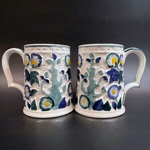 HJ Wood Staffordshire Pottery Tankards, Persian Blue, Floral Set of 2 England